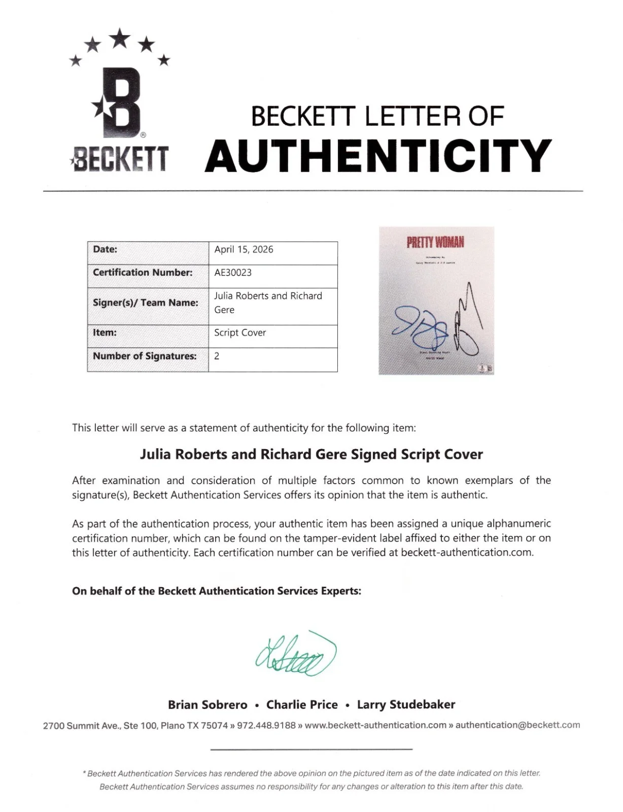 Julia Roberts — Julia Roberts Richard Gere Signed Pretty Woman Full Script Autograph Beckett LOA, изображение 2