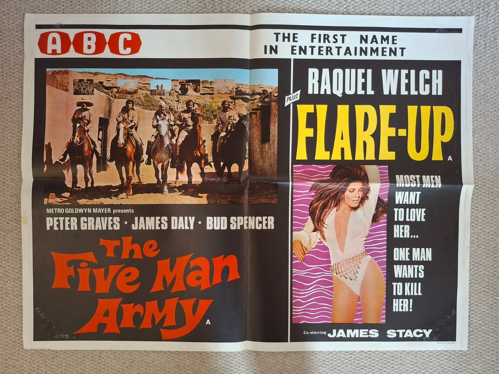 Five Man Army / Flare Up Double Bill Original UK Quad Film Cinema Movie Poster, изображение 2