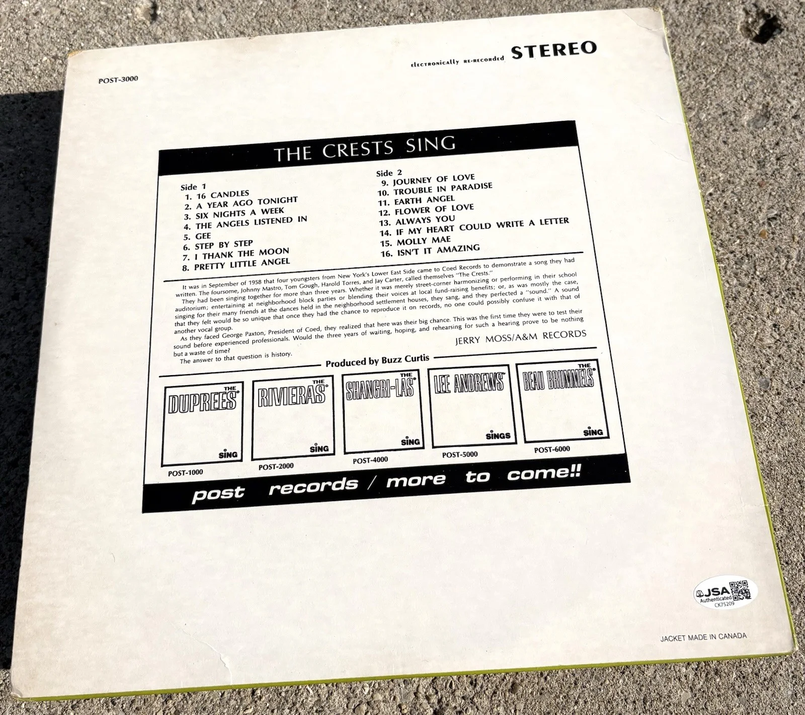 THE CRESTS Johnny Maestro SIGNED Vinyl JSA COA, image 2