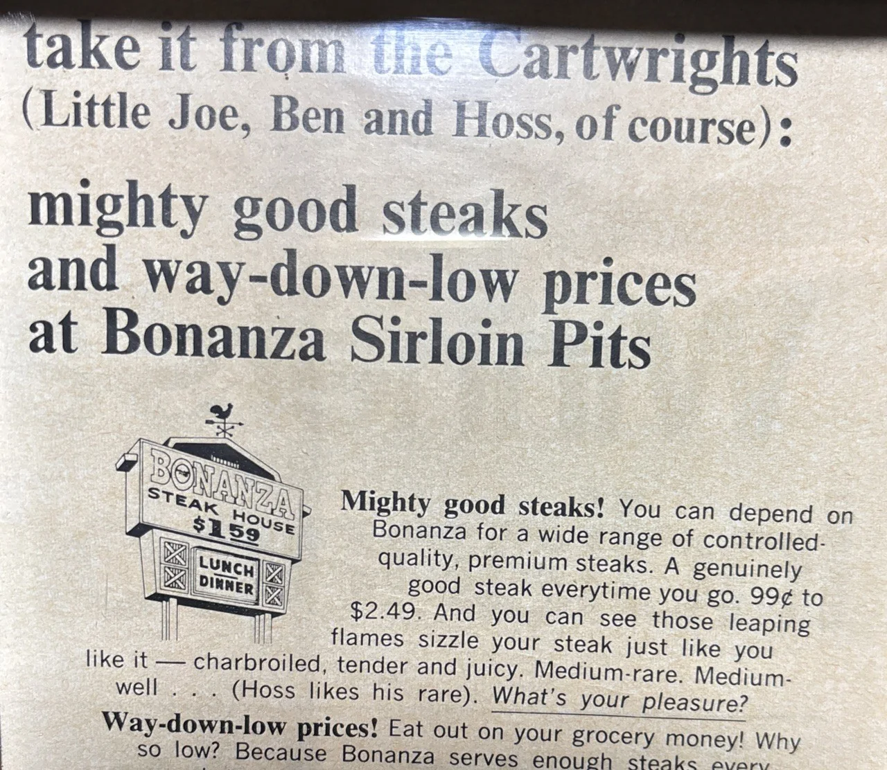 1967 Bonanza Sirloin Pit Steak House PRINT AD Michael Landon Signed VTG 60s, изображение 3