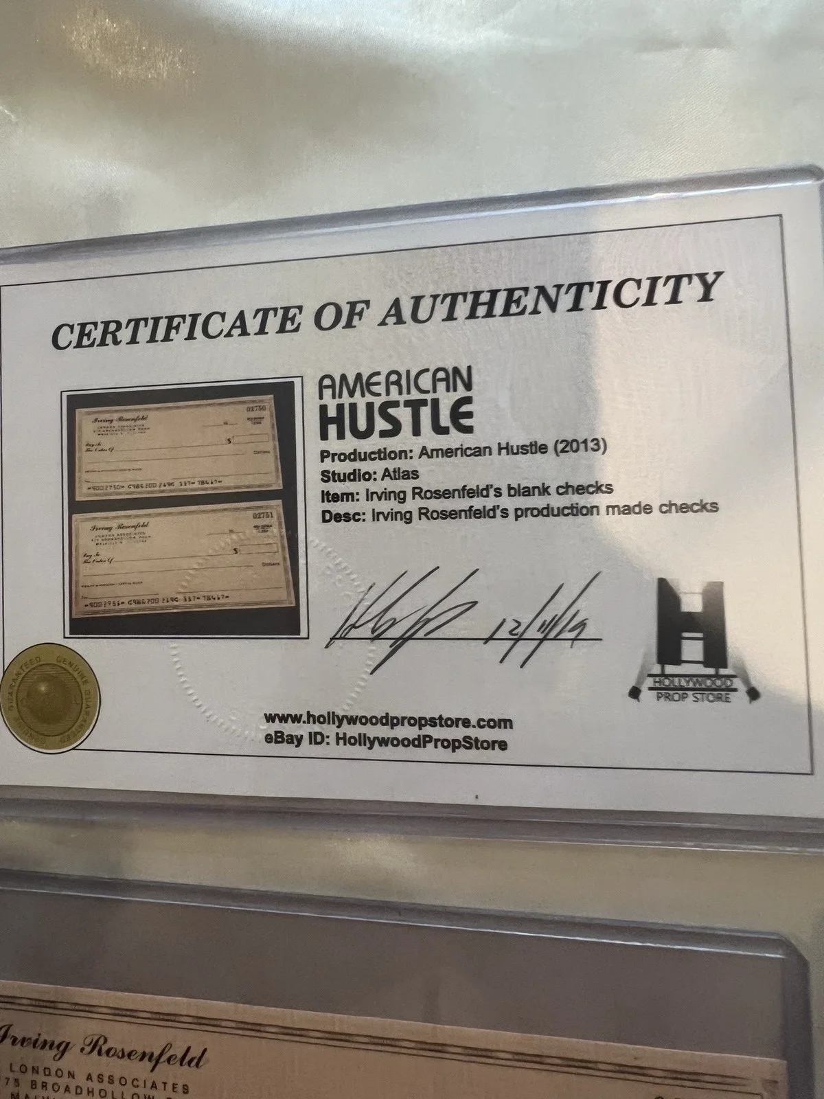 American Hustle memorbilia with COA Irving Rosenfelds blank checks (2013), image 2