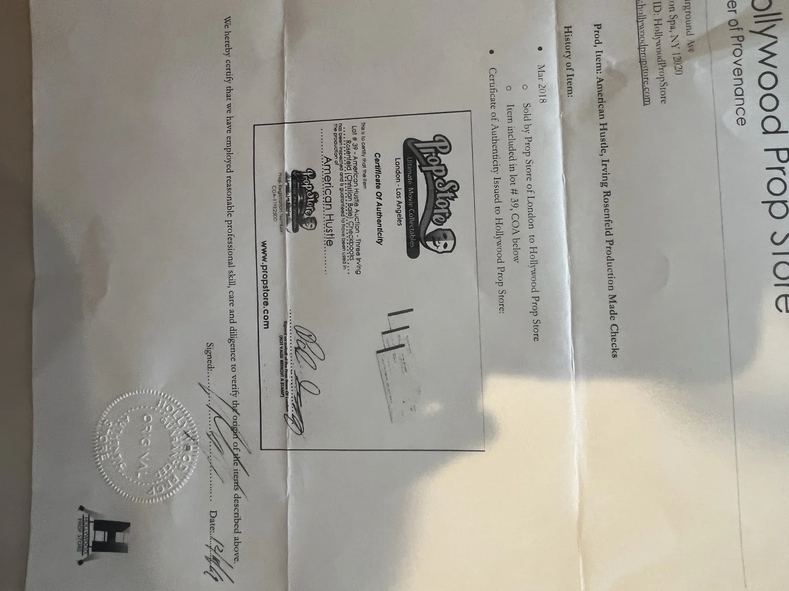 American Hustle memorbilia with COA Irving Rosenfelds blank checks (2013), image 4