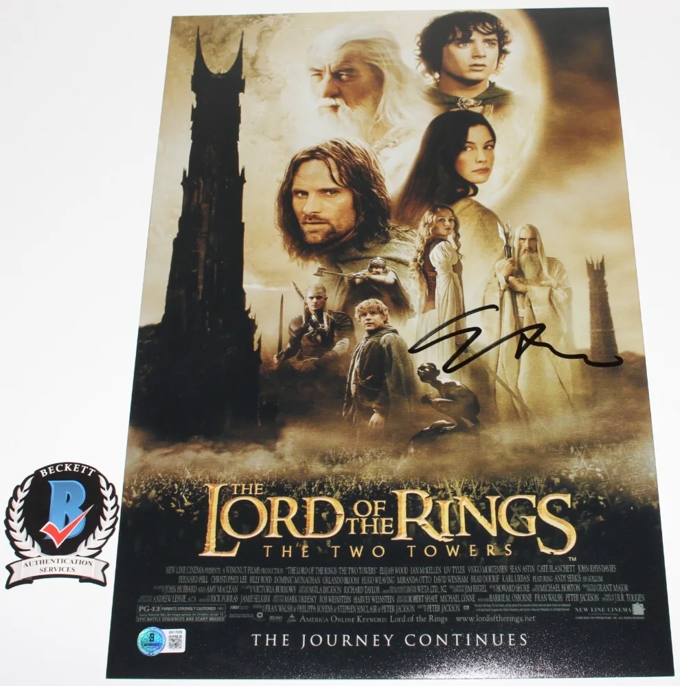 ELIJAH WOOD SIGNED LORD OF THE RINGS THE TWO TOWERS MOVIE POSTER BECKETT COA, изображение 2