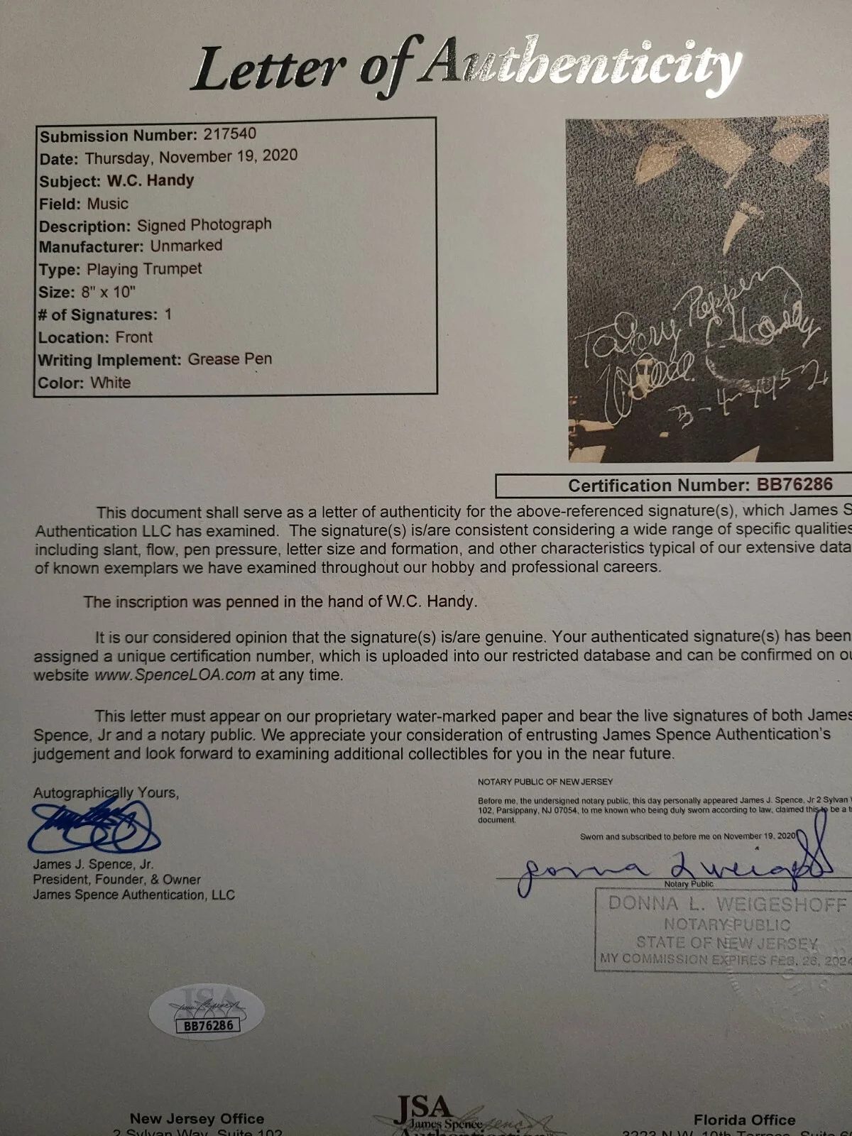 Wc Handy — Wc Handy JSA Loa Signed 8x10 Photo Autograph, image 2
