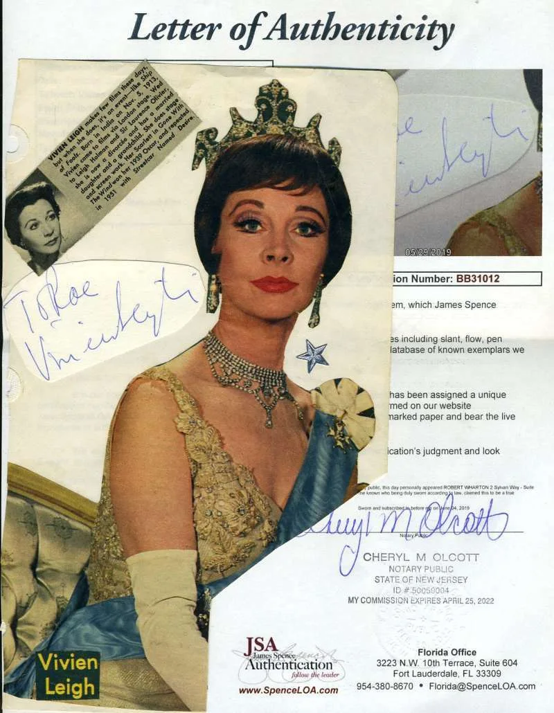 VIVIEN LEIGH — Vivien Leigh Jsa Coa Hand Signed Vintage Album Page Photos Authentic Autograph
