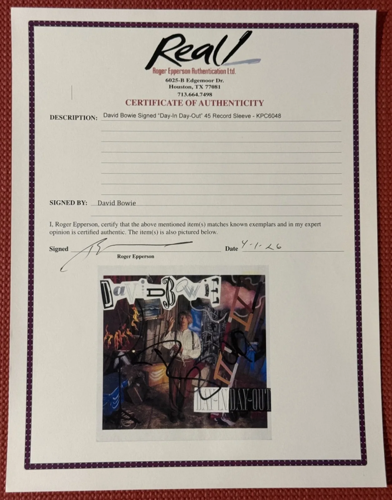 REAL signed DAVID BOWIE autographed "DAY IN, DAY OUT" 45 rpm 7" Single SLEEVE, image 5