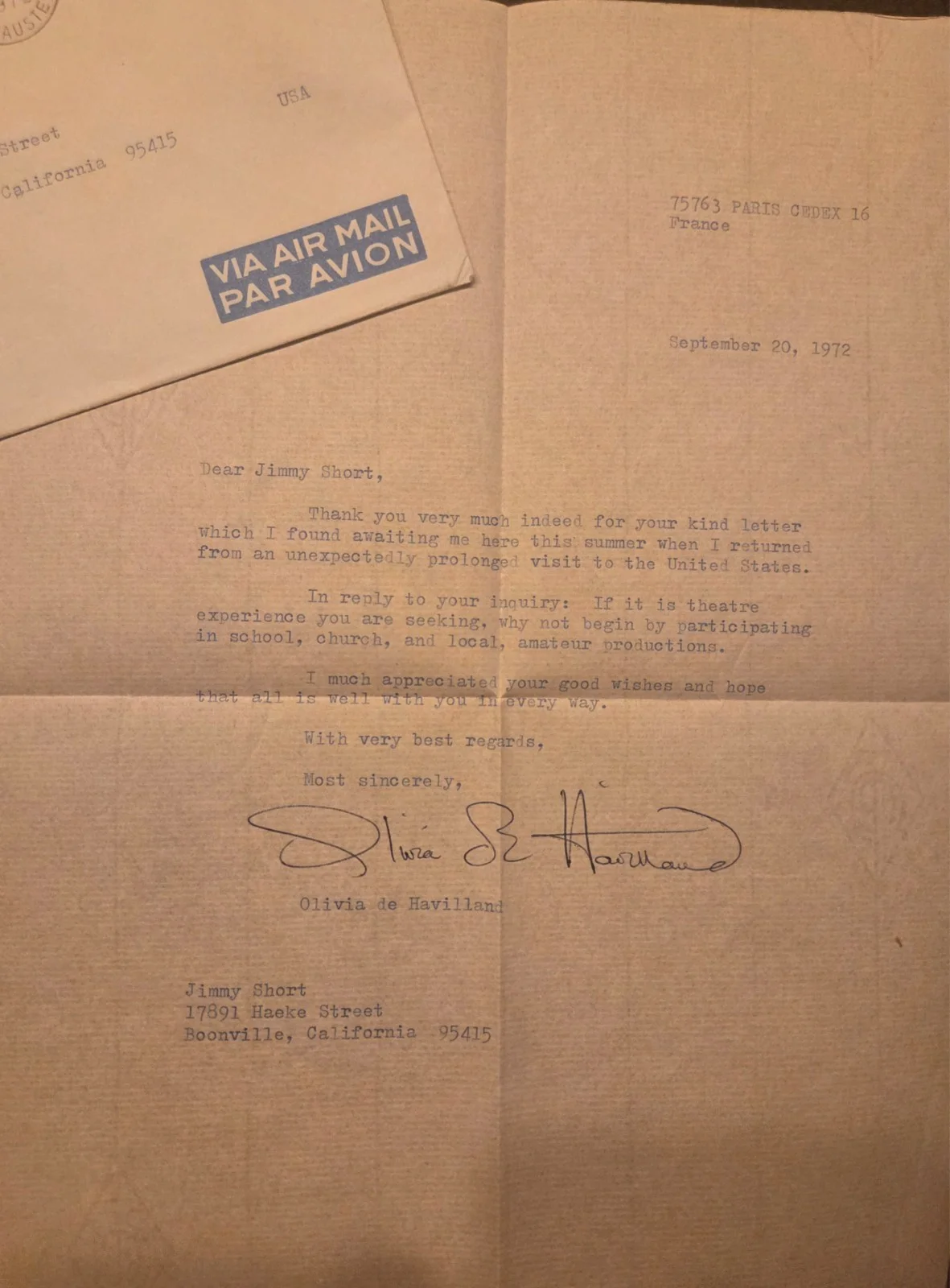 OLIVIA DeHAVILLAND — Olivia deHavilland (2) Hand Signed Letters Autographed Paris 1972 1988 Oscar Win, image 3