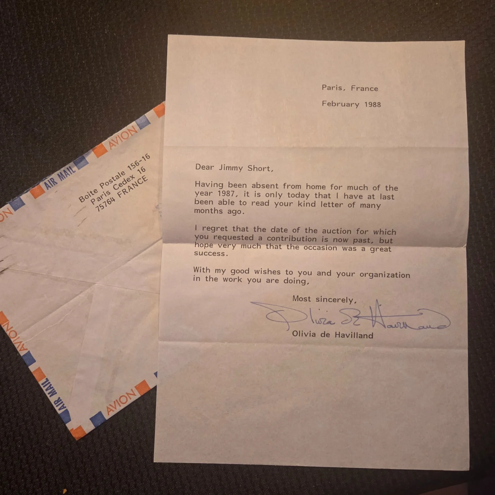 OLIVIA DeHAVILLAND — Olivia deHavilland (2) Hand Signed Letters Autographed Paris 1972 1988 Oscar Win, image 5