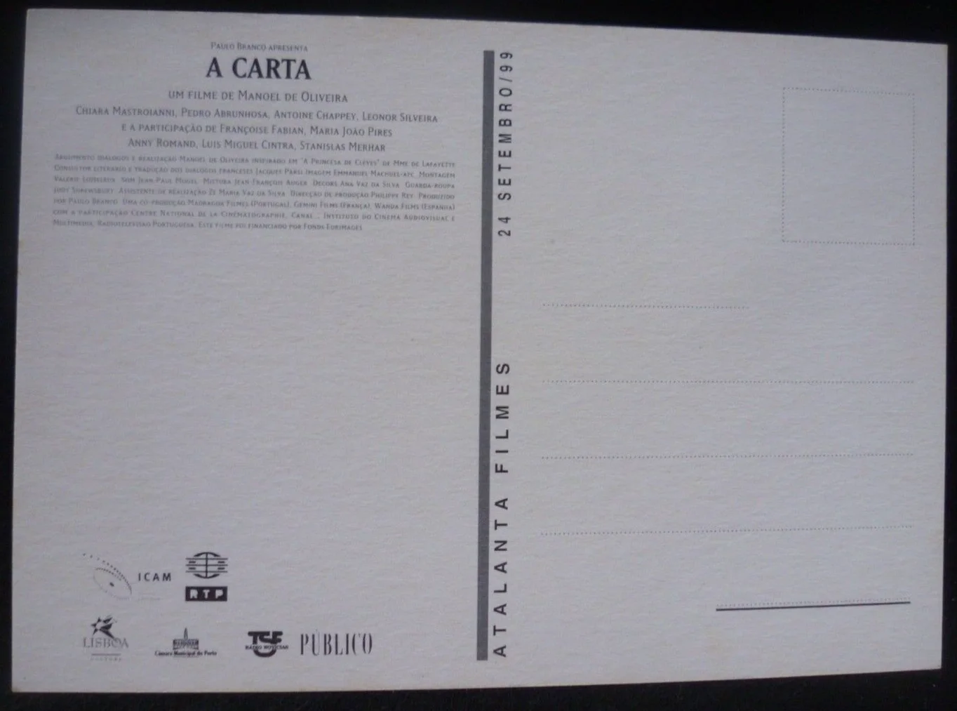 La Lettre CHIARA MASTROIANNI🍀 PEDRO ABRUNHOSA promo POSTCARD Manoel de Oliveira, изображение 2