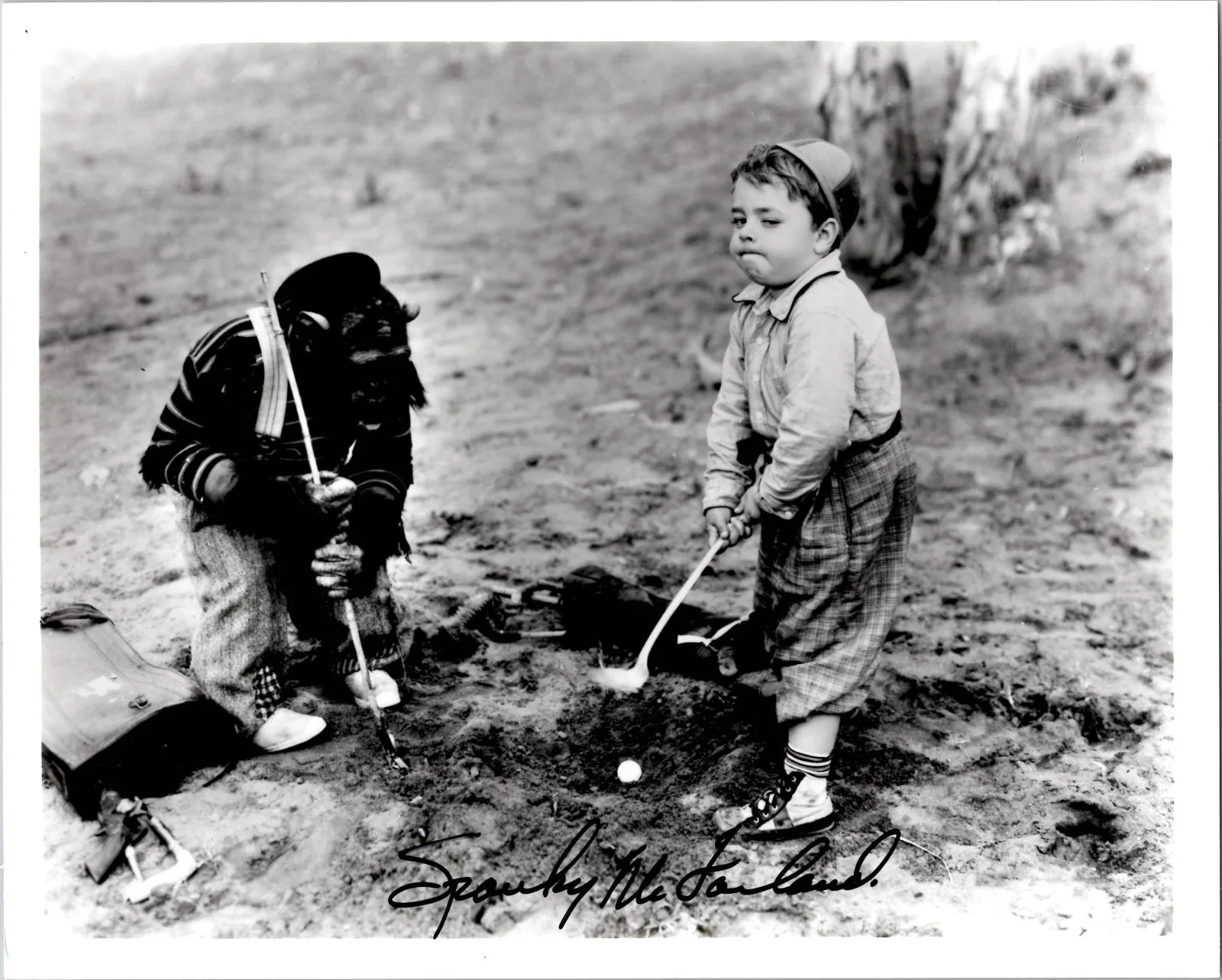 Spanky McFarland — Spanky McFarland Our Gang Little Rascals Signed 8x10 Chimpanzee Golf Photo