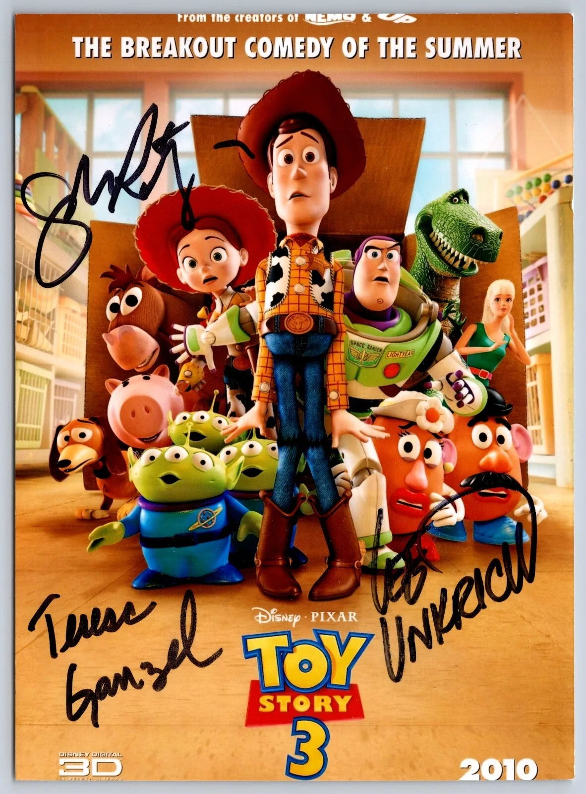 Teresa Ganzel, Lee Unkrich, John Ratzenberger — Teresa Ganzel, Lee Ukrich, John Ratzenberger triple Signed Toy Story 3 Photo