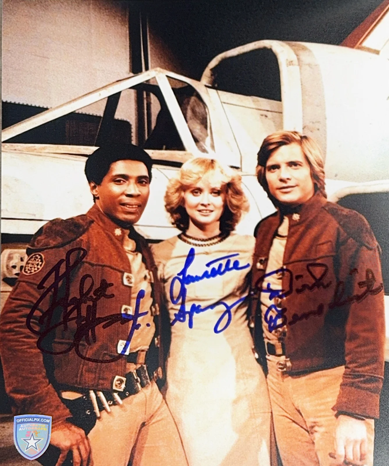 Herb Jefferson Jr., Laurette Spang and Dirk Benedict — Signed Jefferson Jr., Spang, Benedict Battlestar Galactica 8x10 Official Pix COA