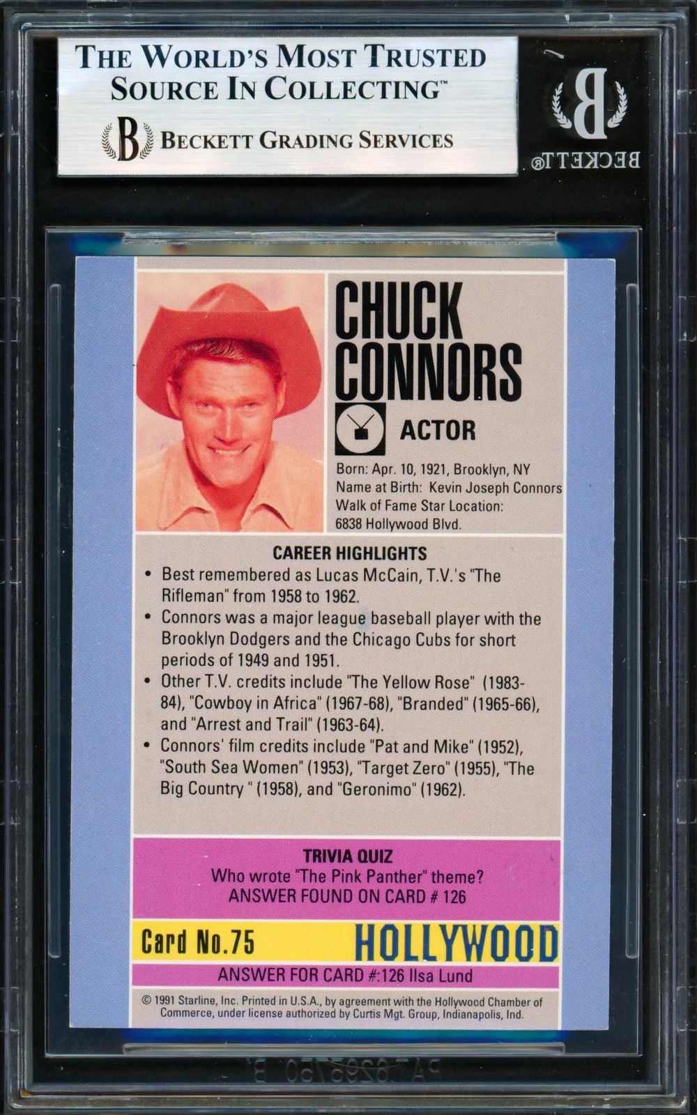 Chuck Connors — Chuck Connors Signed 1991 Starline Card #75 Rifleman Beckett BAS #19828387, изображение 2