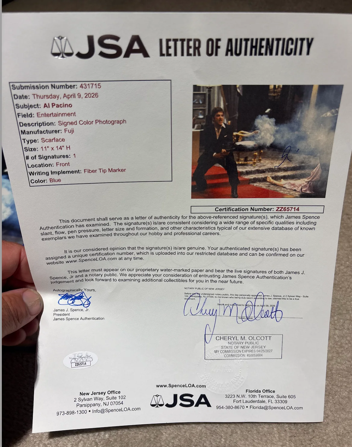AL Pacino — AL PACINO SIGNED AUTOGRAPH SCARFACE 11X14 JSA coa photo, изображение 3