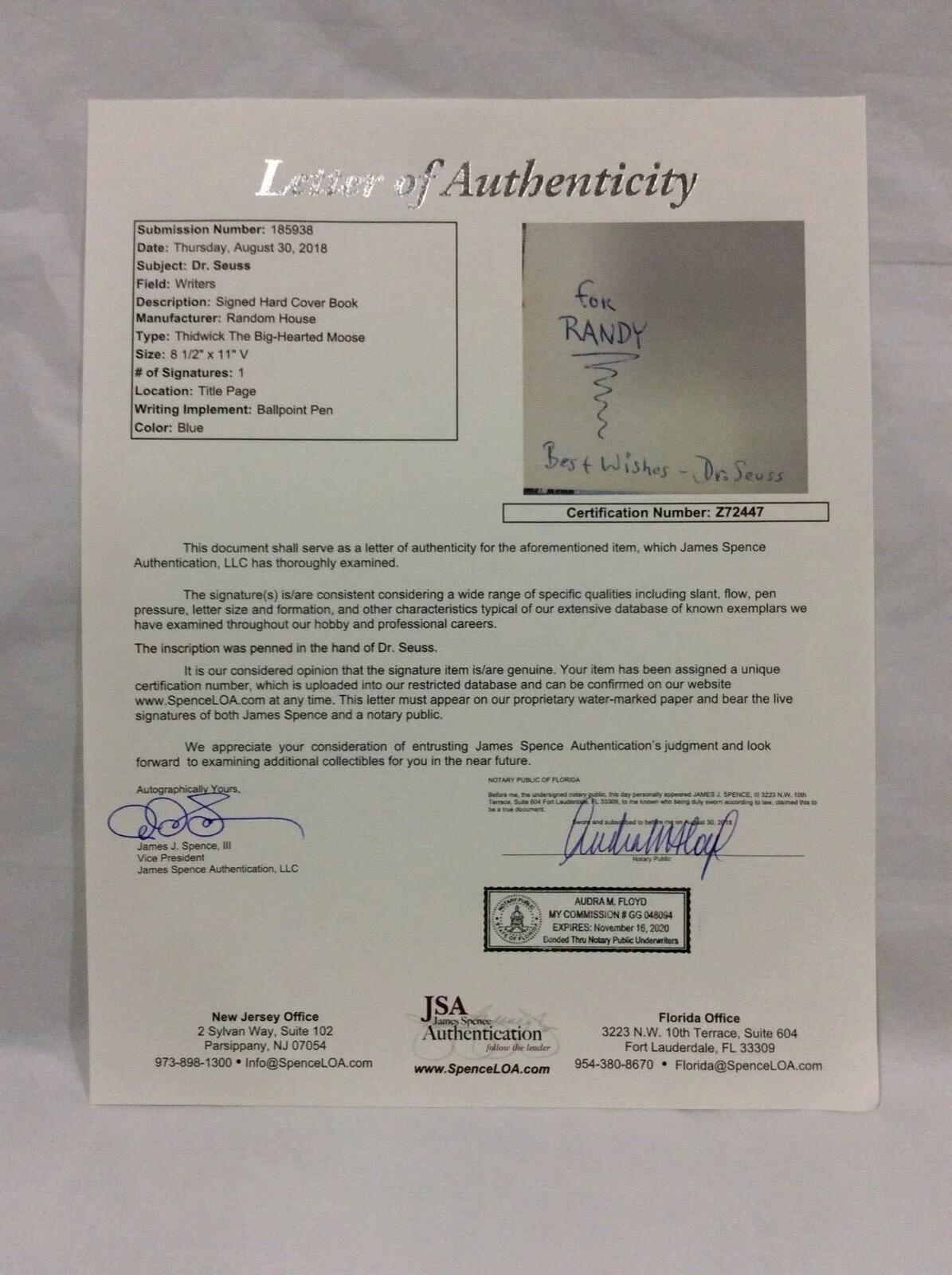 Dr Seuss — Dr Seuss Signed Thidwick the Big Hearted Moose with Full JSA Letter, image 4