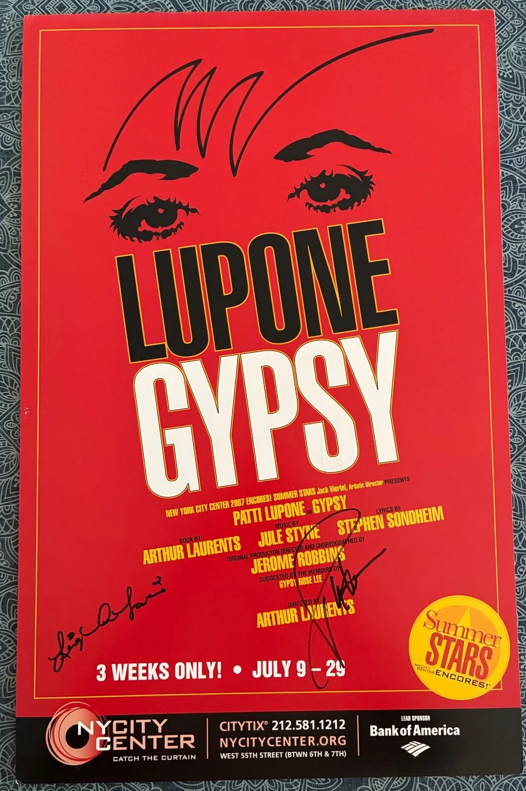 Patti Lupone, Arthur Laurents — Patti LuPone Signed GYPSY 2007 Window Card Poster Arthur Laurents Autograph