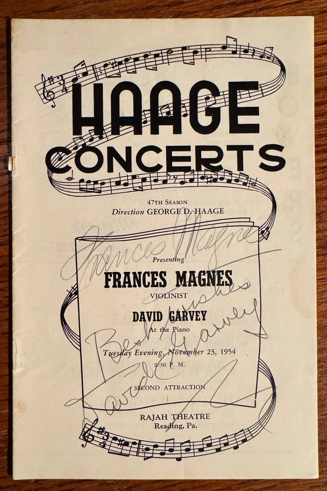 FRANCES MAGNES Violinist autographed program David Garvey pianist, image 3