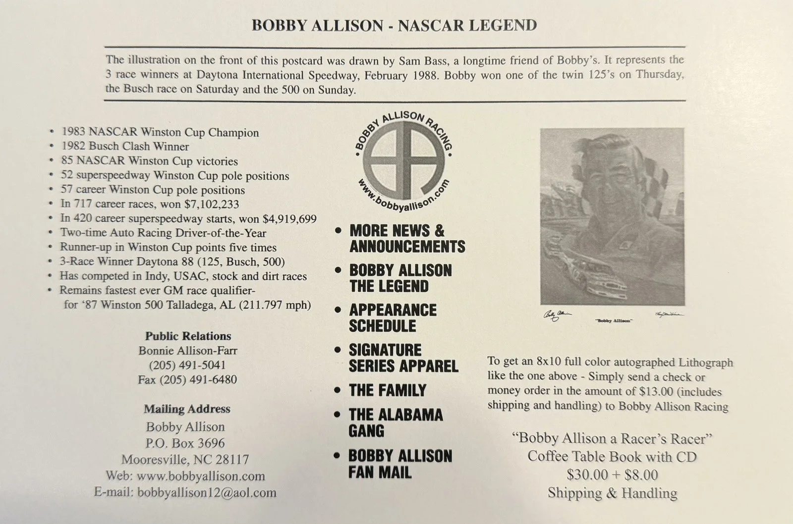 Bobby Allison — Bobby Allison signed 1988 Daytona Sam Bass NASCAR Legend 5.5x8.5 Postcard, image 2