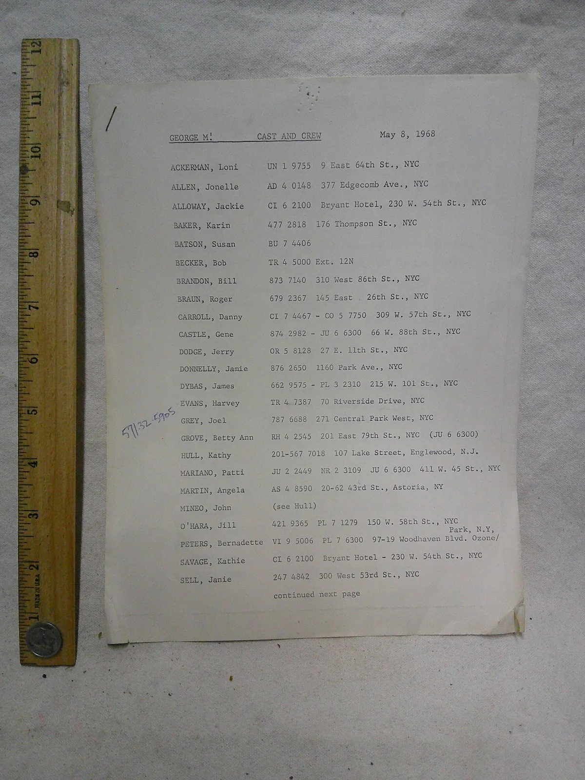 Wakefield Poole 1968 call sheet Cast George M play NYC vintage gay director Icon, изображение 2