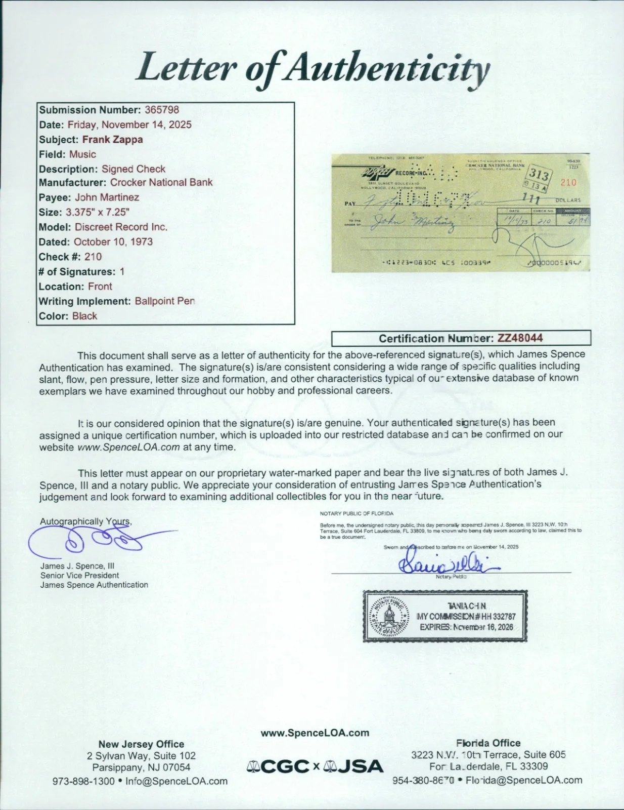 Frank Zappa Signed Cancelled Check JSA Authenticated, image 3