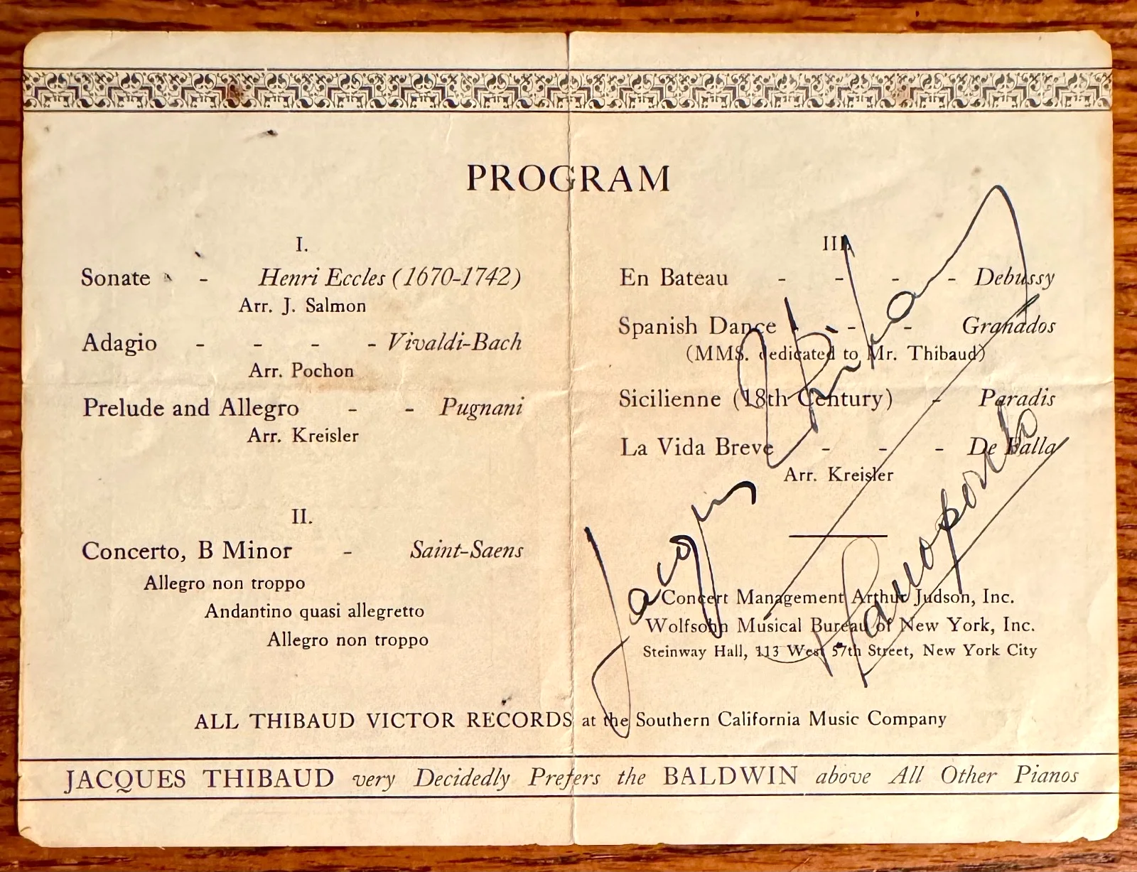 JACQUES THIBAUD autographed program and photo JANO PAULO Long Beach 1929, image 3