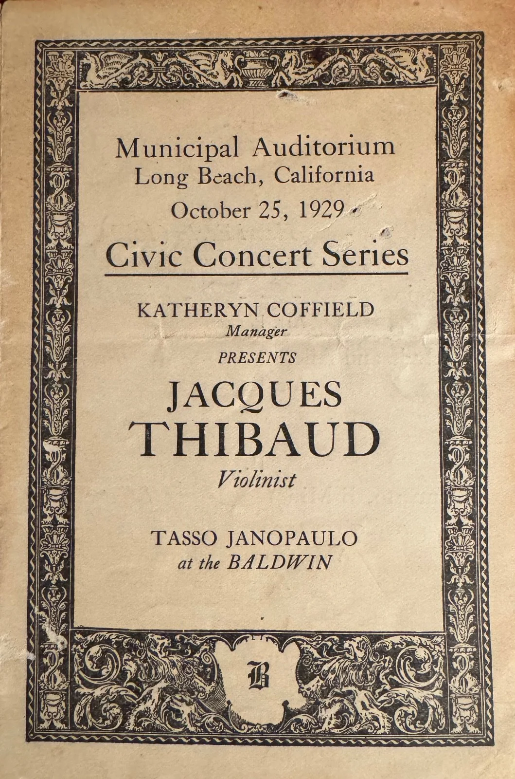 JACQUES THIBAUD autographed program and photo JANO PAULO Long Beach 1929, image 4