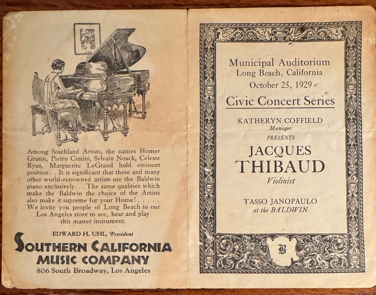 JACQUES THIBAUD autographed program and photo JANO PAULO Long Beach 1929, image 5