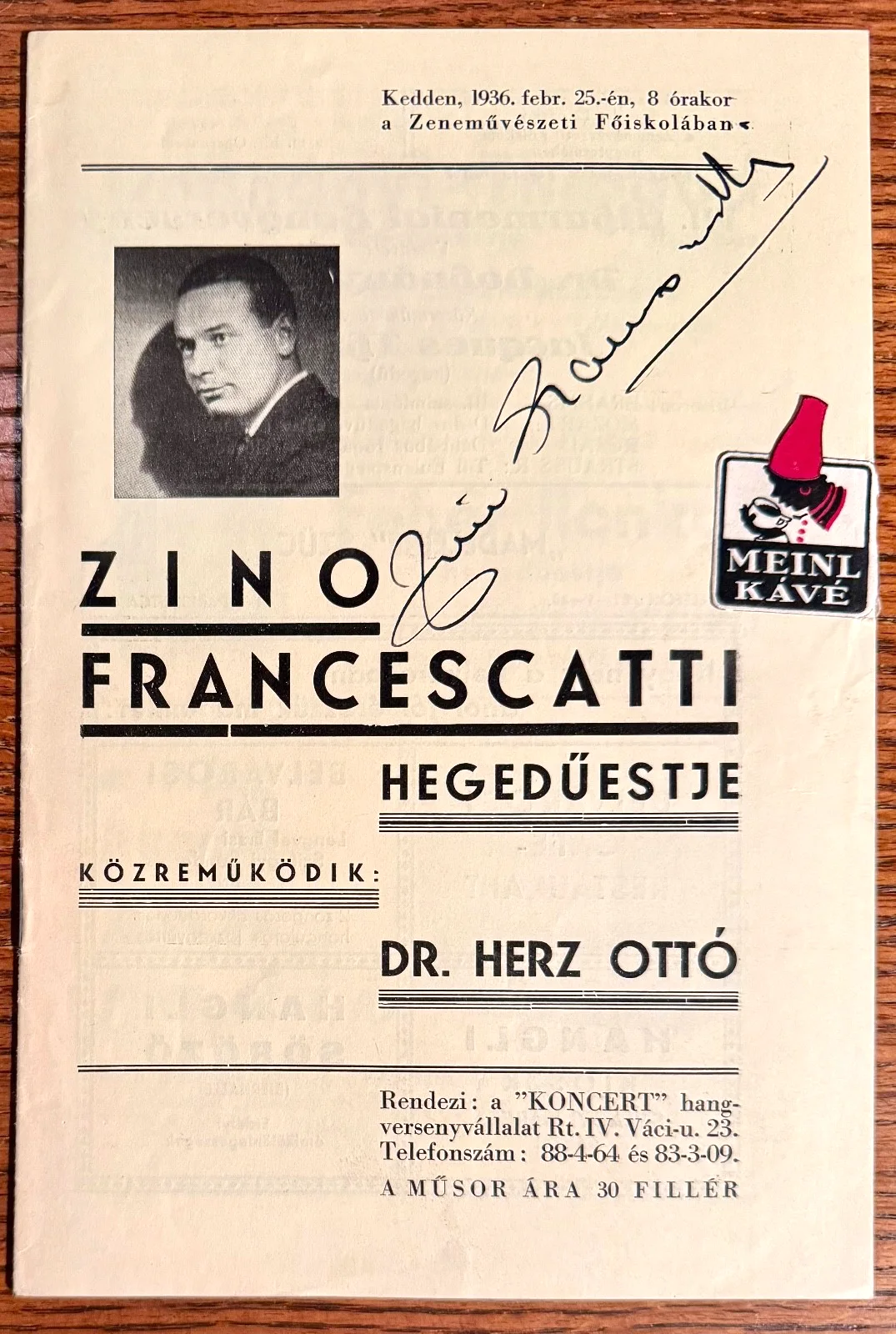 ZINO FRANCESCATTI Autographed Program, Budapest, 1936 French violinist, image 2