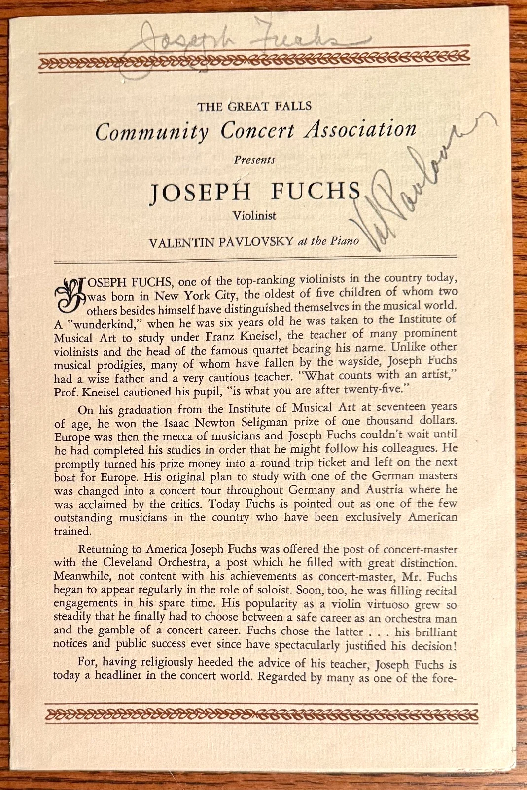JOSEPH FUCHS autographed program American Violinist, VALENTIN PAVLOVSKY pianist, image 2