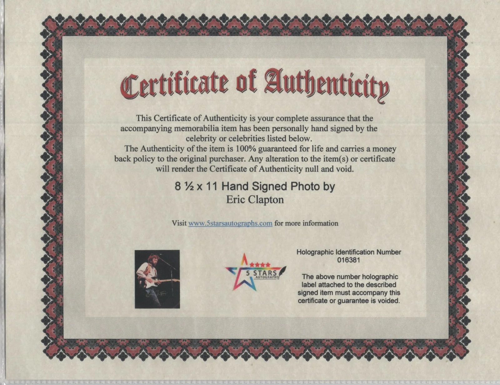 ERIC CLAPTON AUTOGRAPHED 8 1/2 X 11 COLOR PHOTO / COA, изображение 2