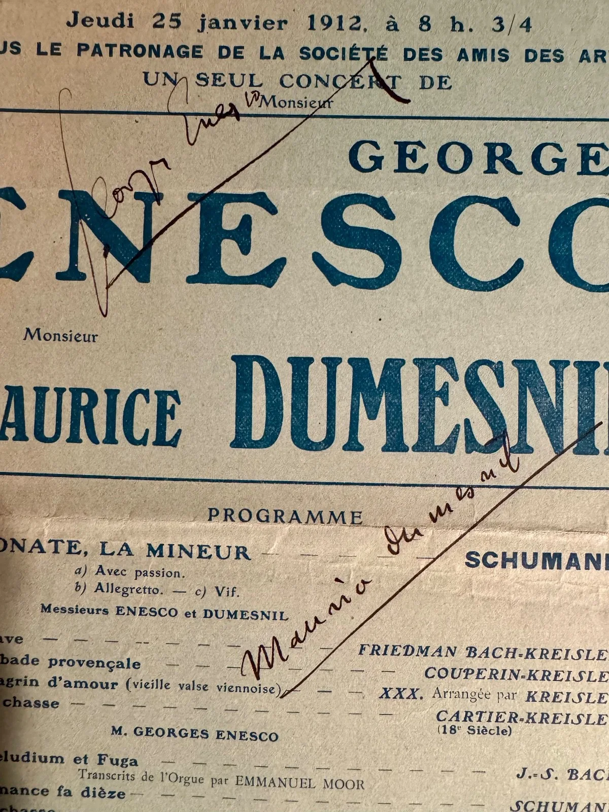 GEORGE ENESCU signed broadside MAURICE DUMESNIL Romanian violinist ENESCO, изображение 2