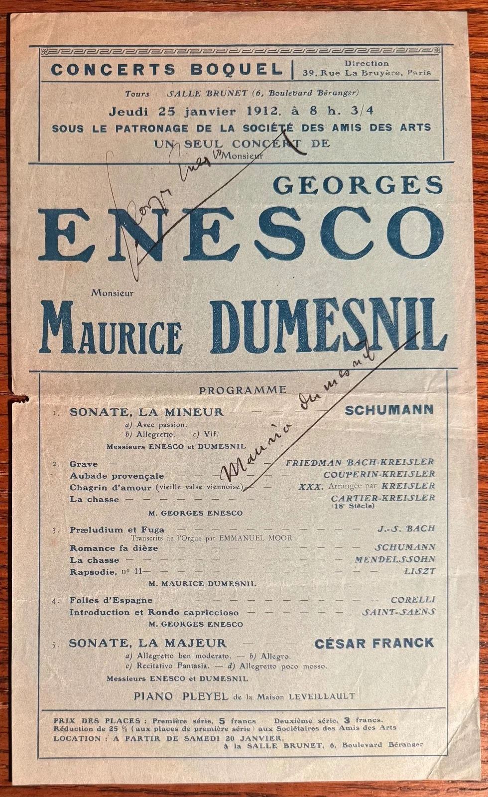 GEORGE ENESCU signed broadside MAURICE DUMESNIL Romanian violinist ENESCO, изображение 3