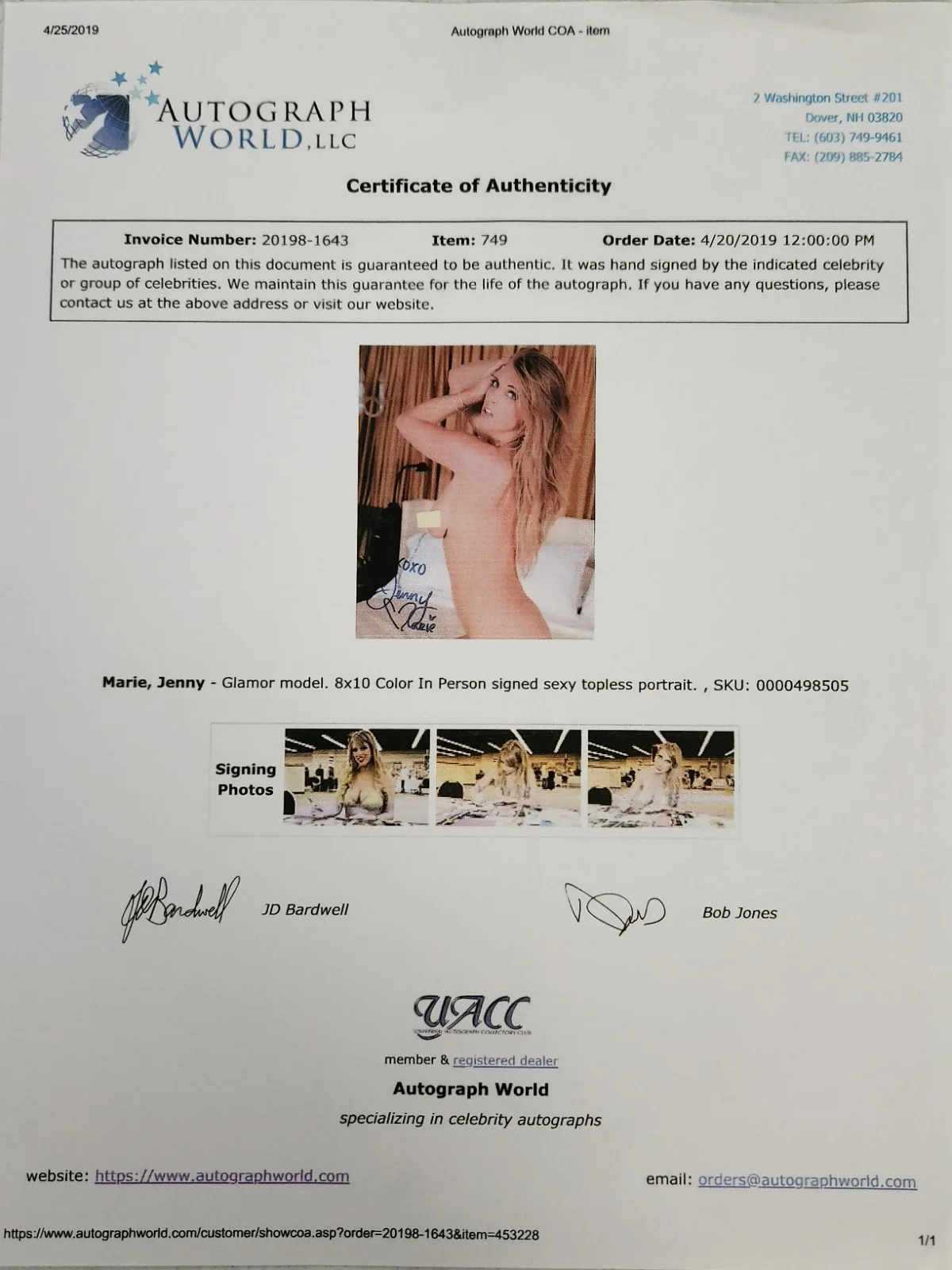 Jenny Marie Signed Autographed 8x10" Photograph AW COA Model Topless Portrait, изображение 4