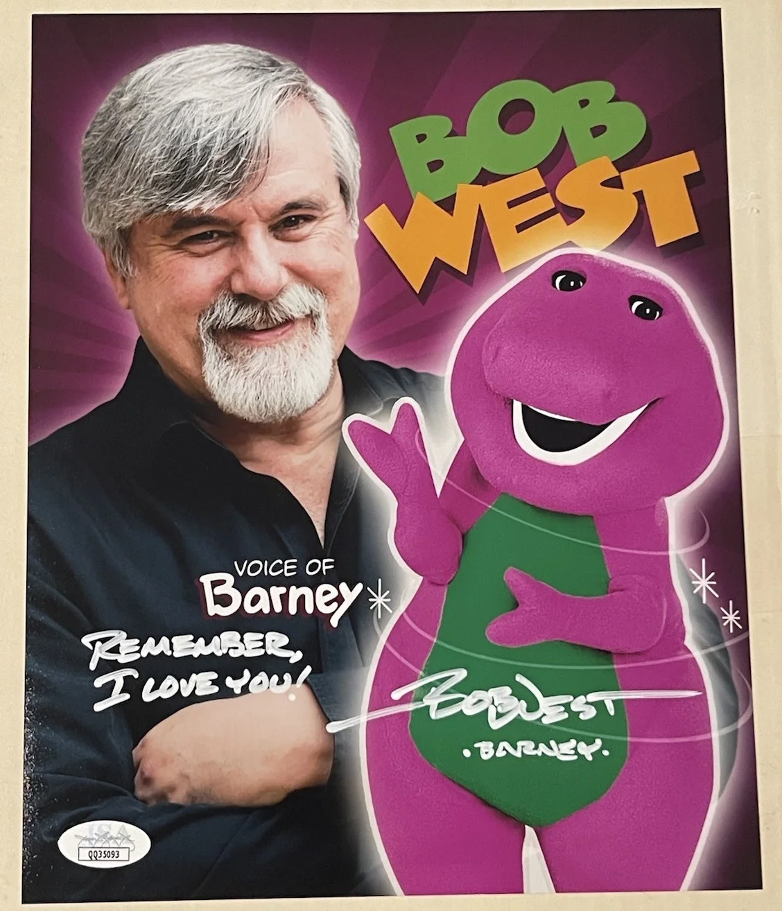 Bob West — BOB WEST Signed BARNEY THE DINOSAUR 8x10 Photo Autograph W/inscription JSA