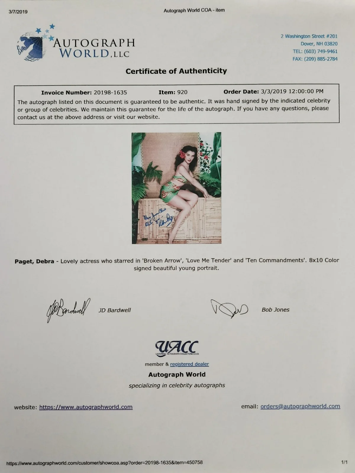 Debra Paget Signed Autographed 8x10" Photograph AW COA, изображение 3