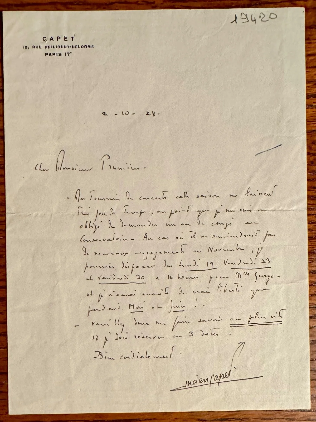 LUCIEN CAPET autograph letter signed French Violinist 1928, image 2