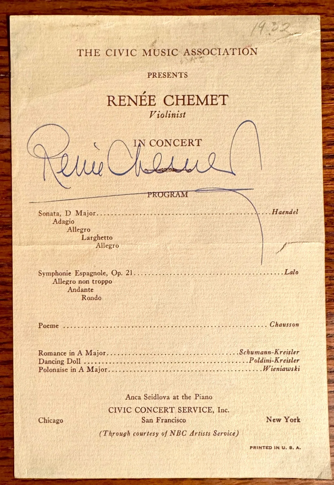 RENÉE CHEMET signed program, French violinist, image 2