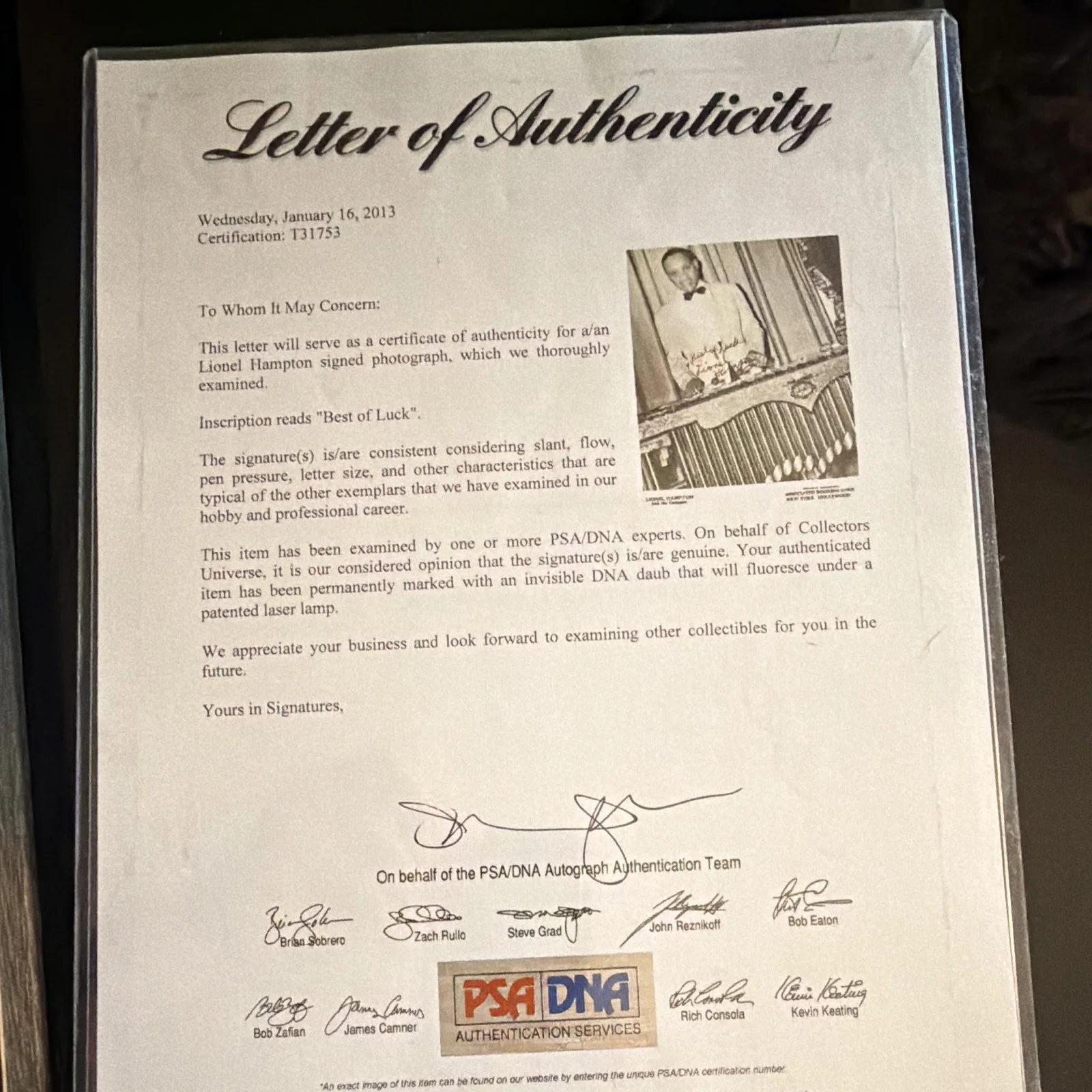 Lionel Hampton Signed Photo PSA/DNA COA Cert #T31753 Original, image 3