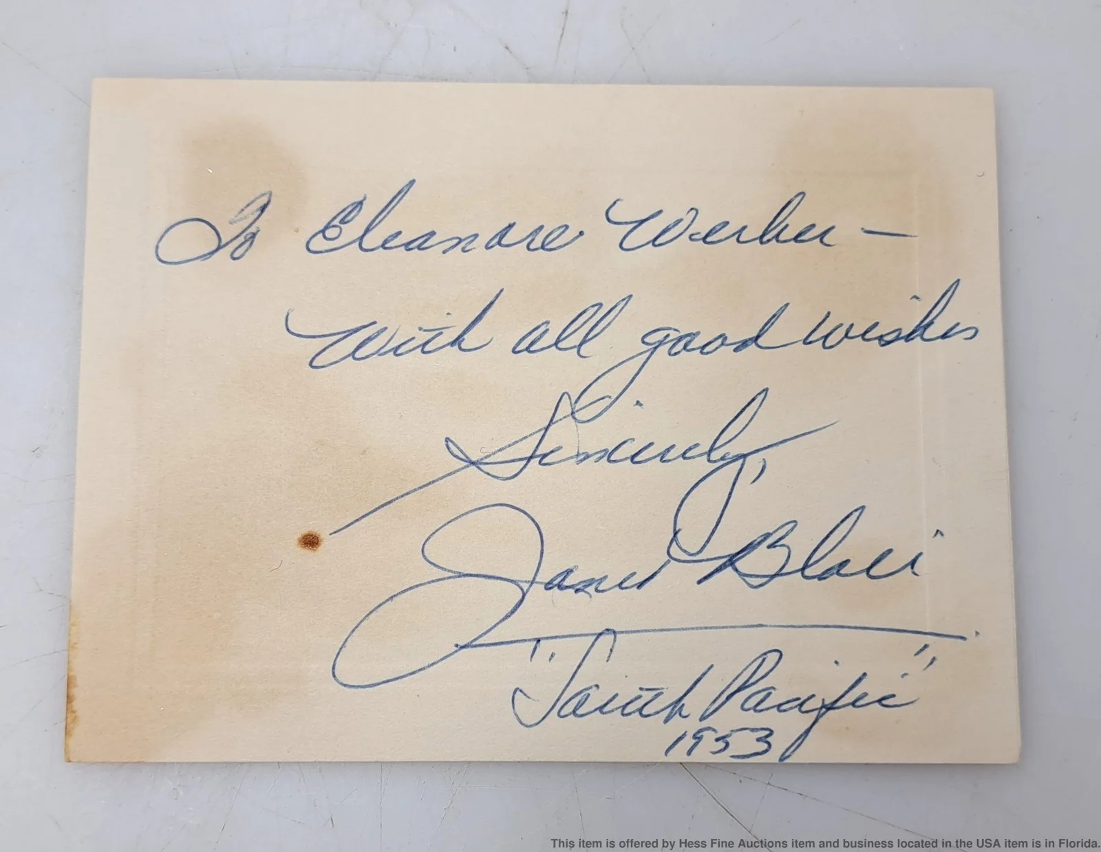 Janet Blair South Pacific 1953 Autograph American Big Band Singer Actress, изображение 2