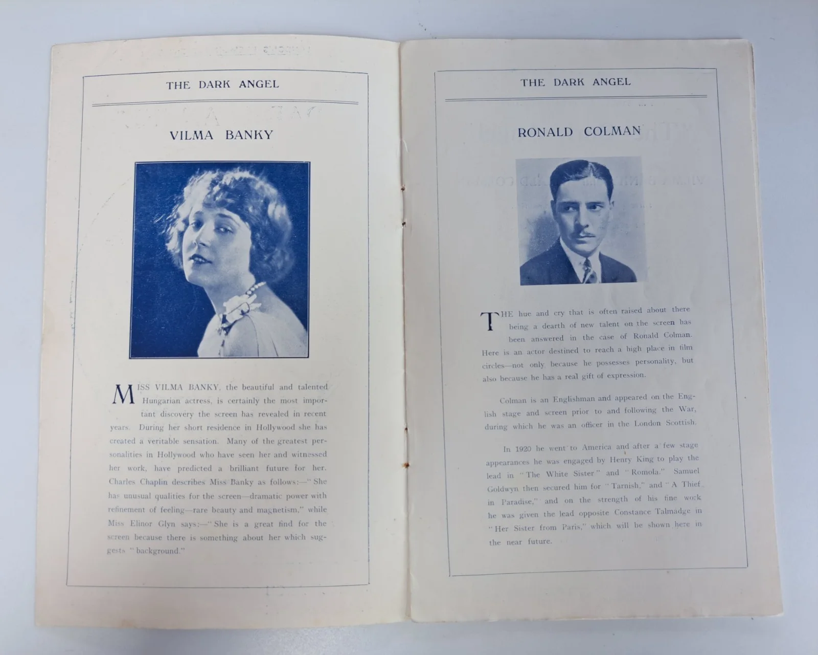 1926 London film premier programme "The Dark Angel" Vilma Banky Ronald Colman, изображение 2
