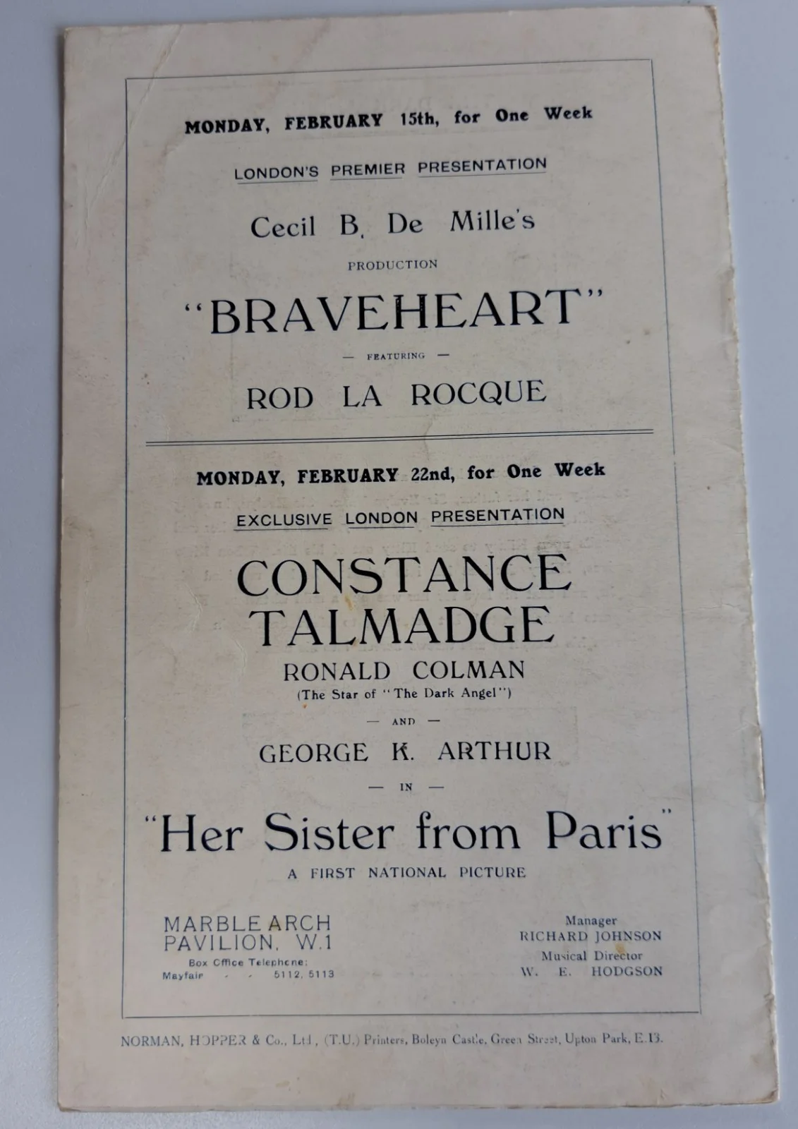 1926 London film premier programme "The Dark Angel" Vilma Banky Ronald Colman, изображение 5