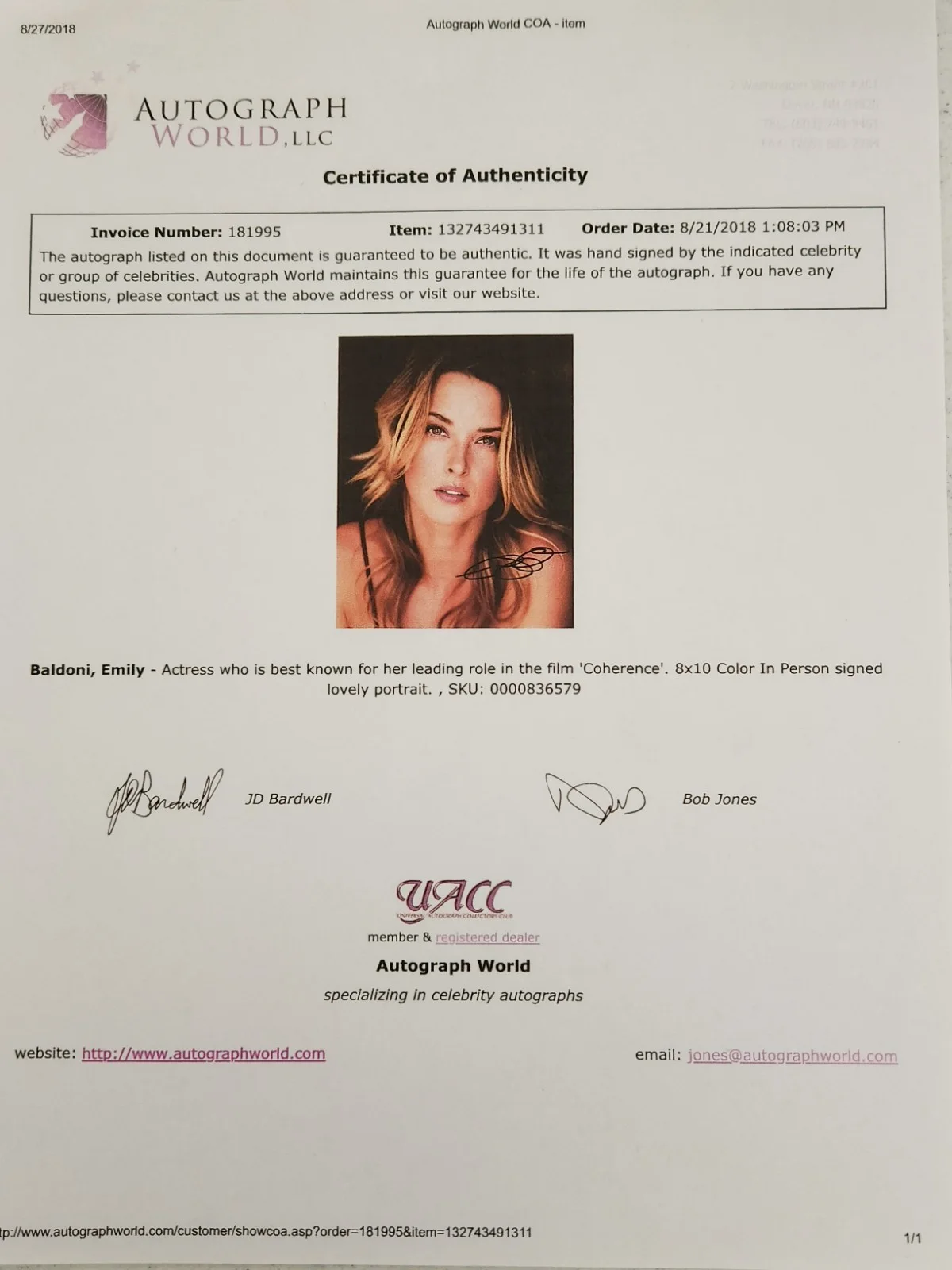Emily Baldoni Signed Autographed 8x10" Photograph AW COA Coherence Sexy Portrait, image 4