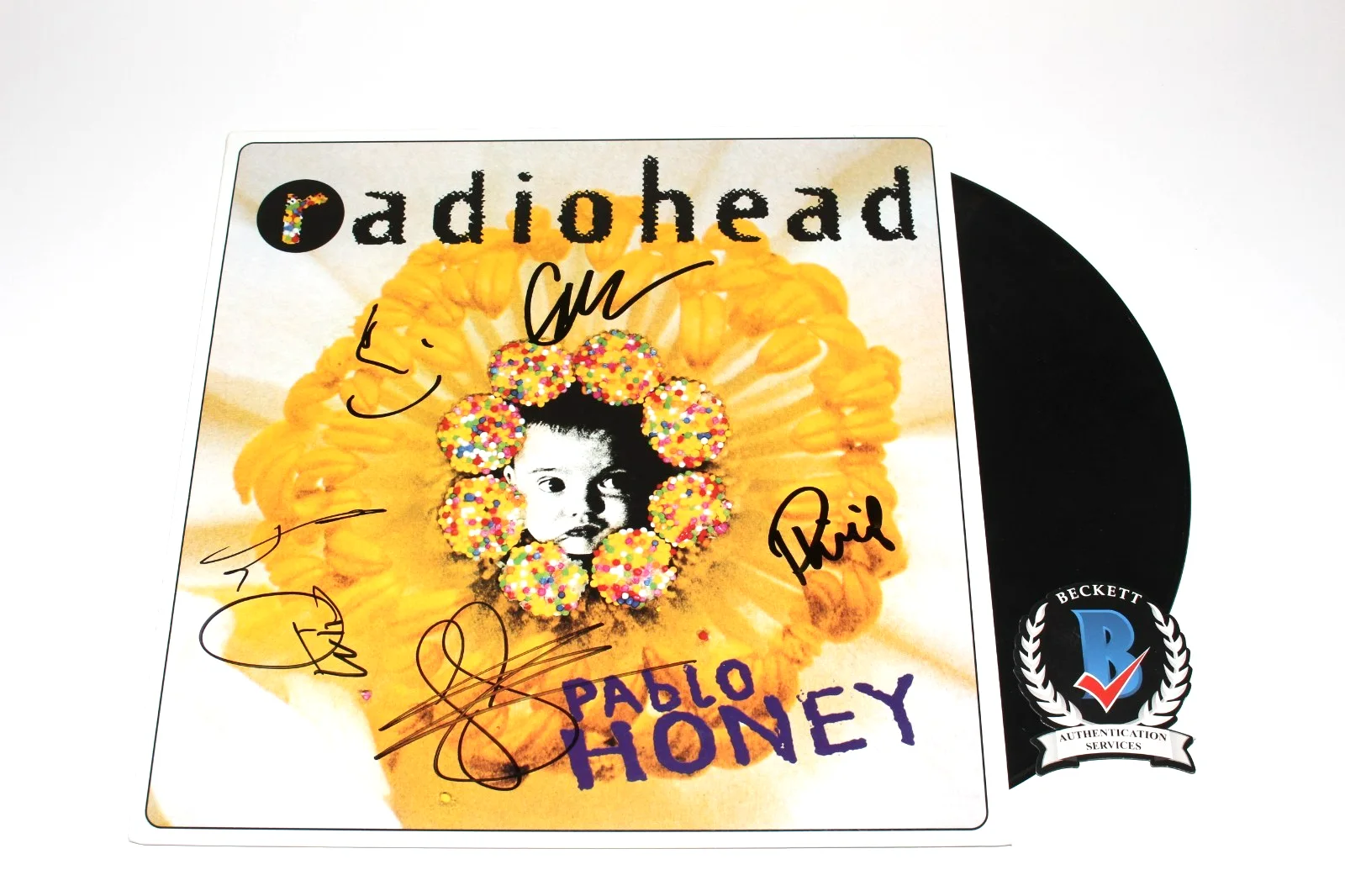 RADIOHEAD BAND SIGNED 'PABLO HONEY' RECORD VINYL ALBUM BECKETT COA x5 THOM YORKE, изображение 2