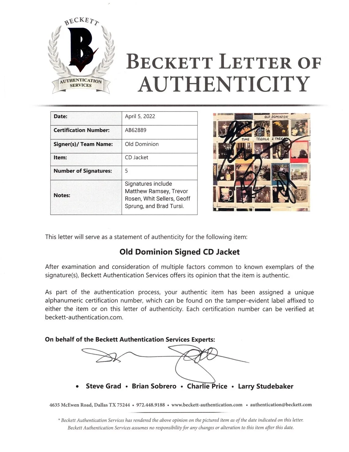 Matthew Ramsey, Trevor Rosen, Whit Sellers, Geoff Sprung — Old Dominion Signed Tequila And Therapy CD Framed Beckett BAS COA Country Album, изображение 5
