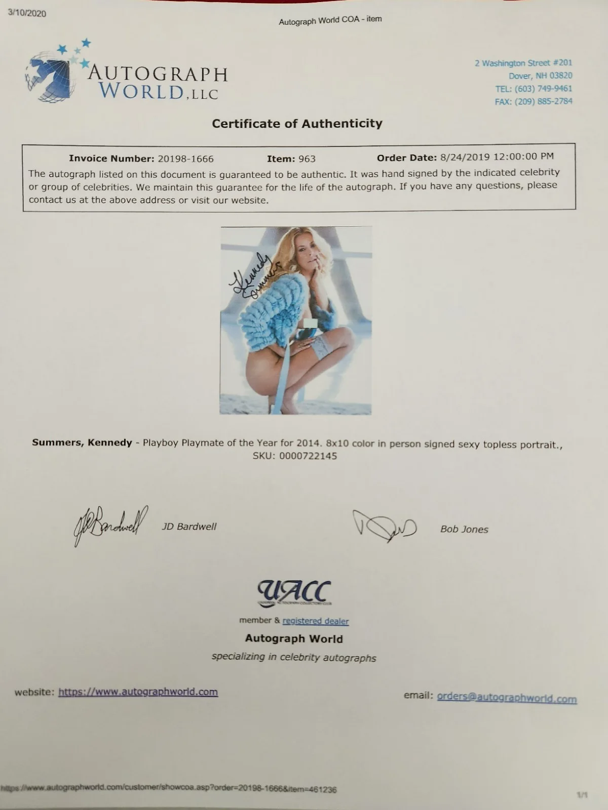Kennedy Summers Signed Autographed 8x10" Photograph AW COA Playboy Model, изображение 4