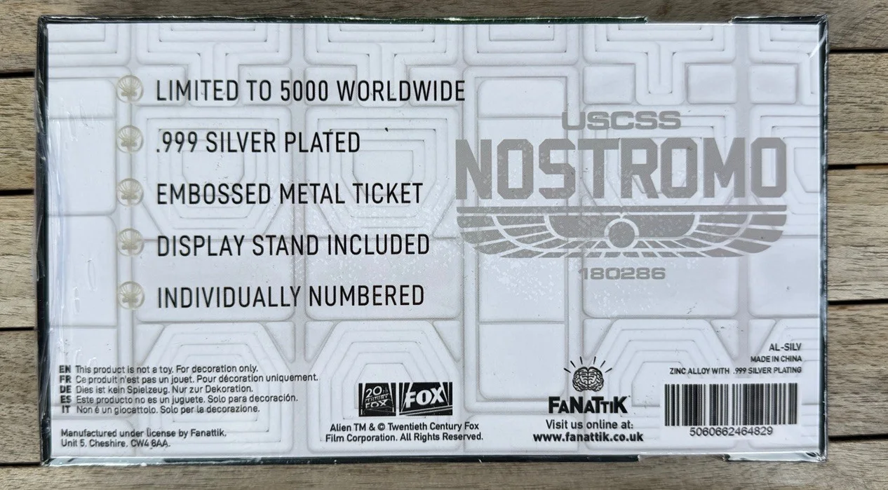 ALIEN LIMITED EDITION SILVER PLATED NOSTROMO BOARDING TICKET - NEW AND SEALED, изображение 4