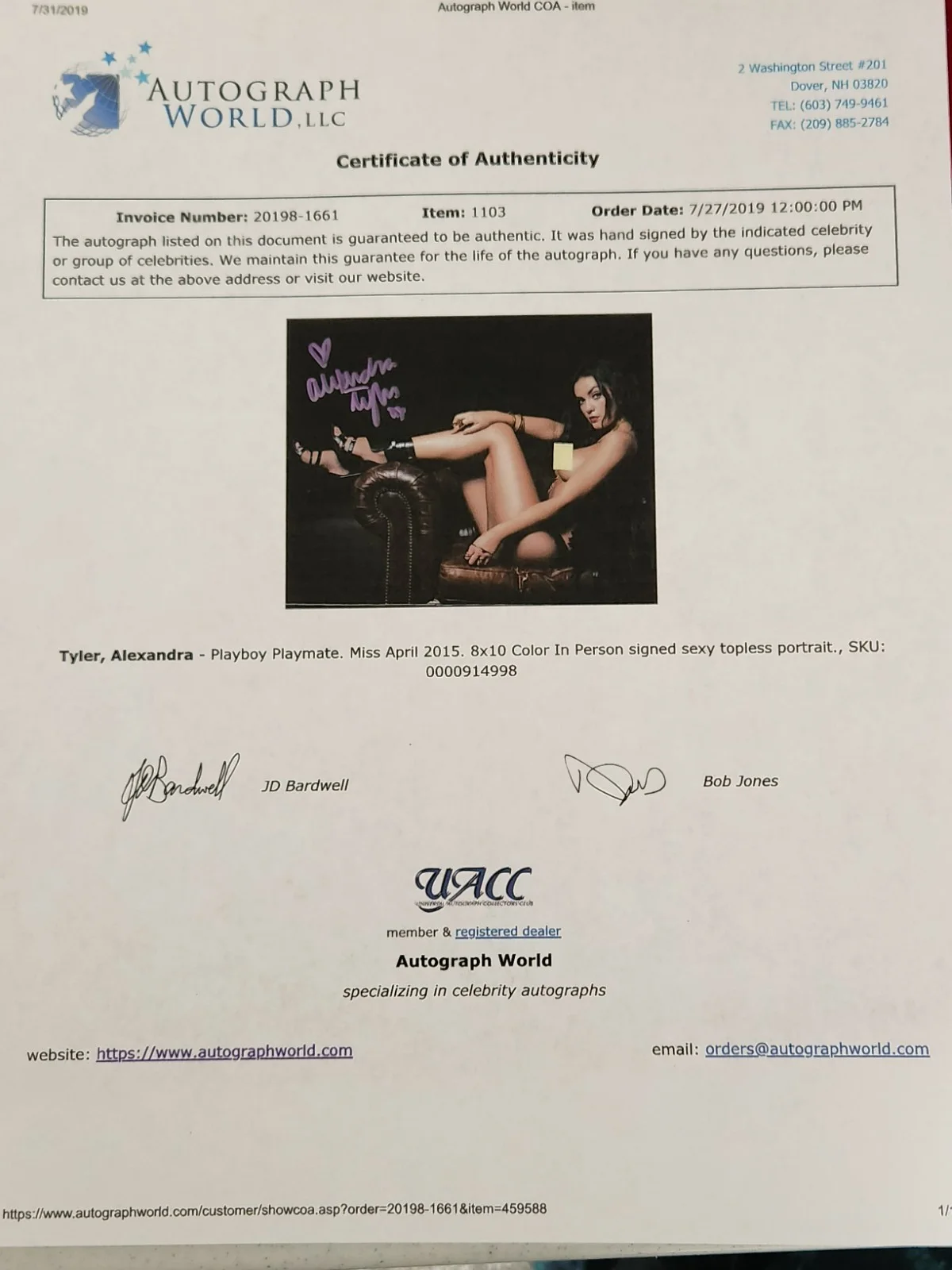Alexandra Tyler Signed Autographed 8x10" Photograph AW COA Playboy April 2015, изображение 4