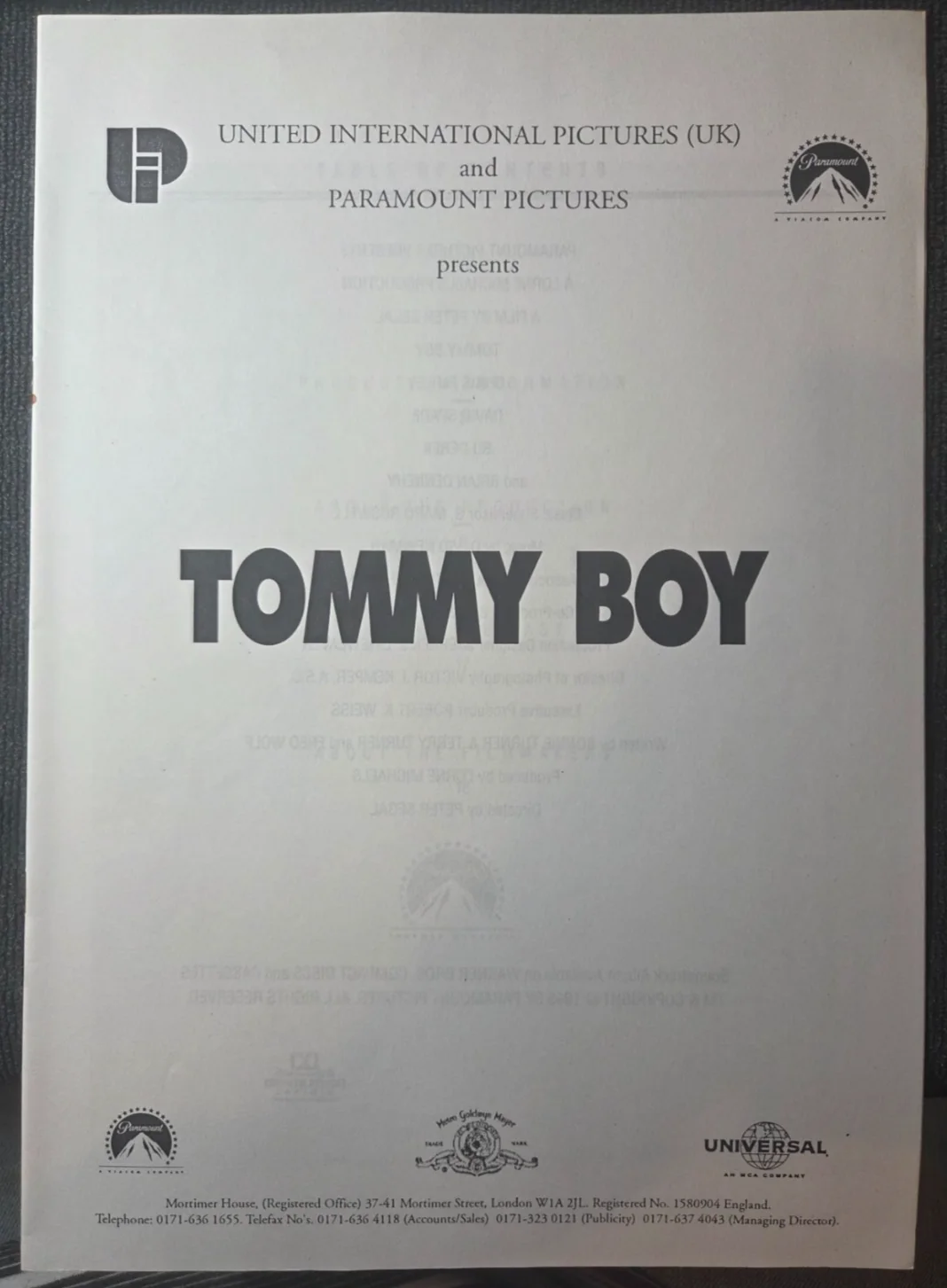 Tommy Boy, Synopsis Cover, Production Notes & 4 Press Photo's . Lot6, изображение 4