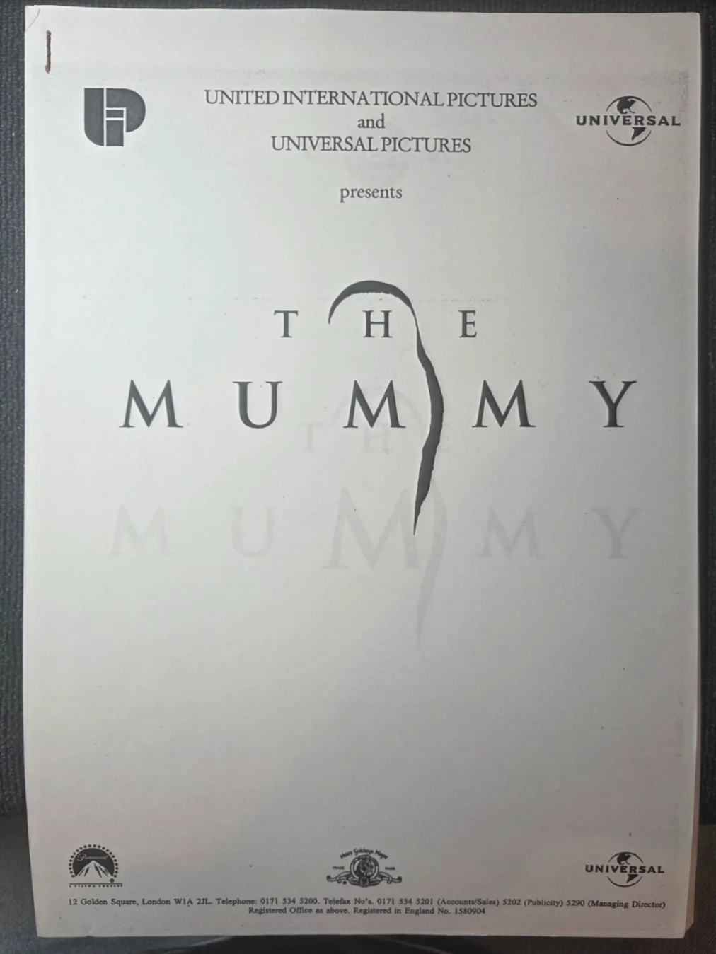 The Mummy, Synopsis Cover & Production Notes. Lot7, image 4