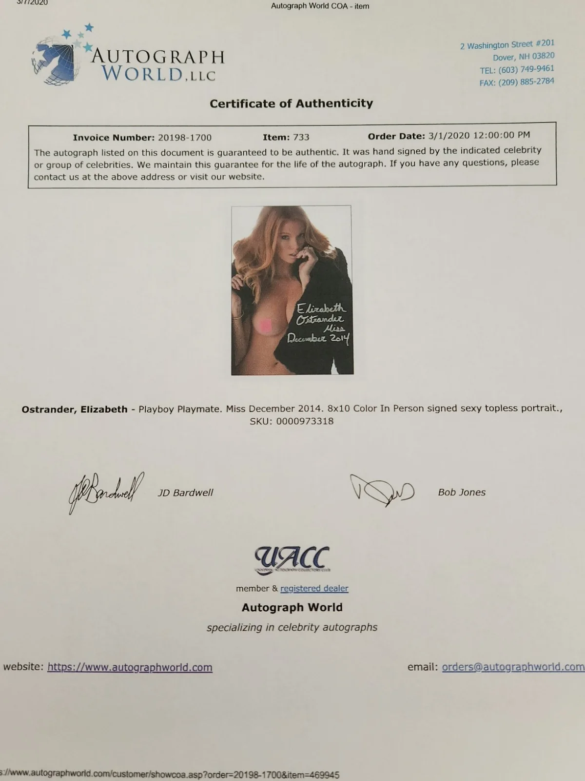 Elizabeth Ostrander Signed Autographed 8x10" Photograph AW COA Playboy Model, изображение 3